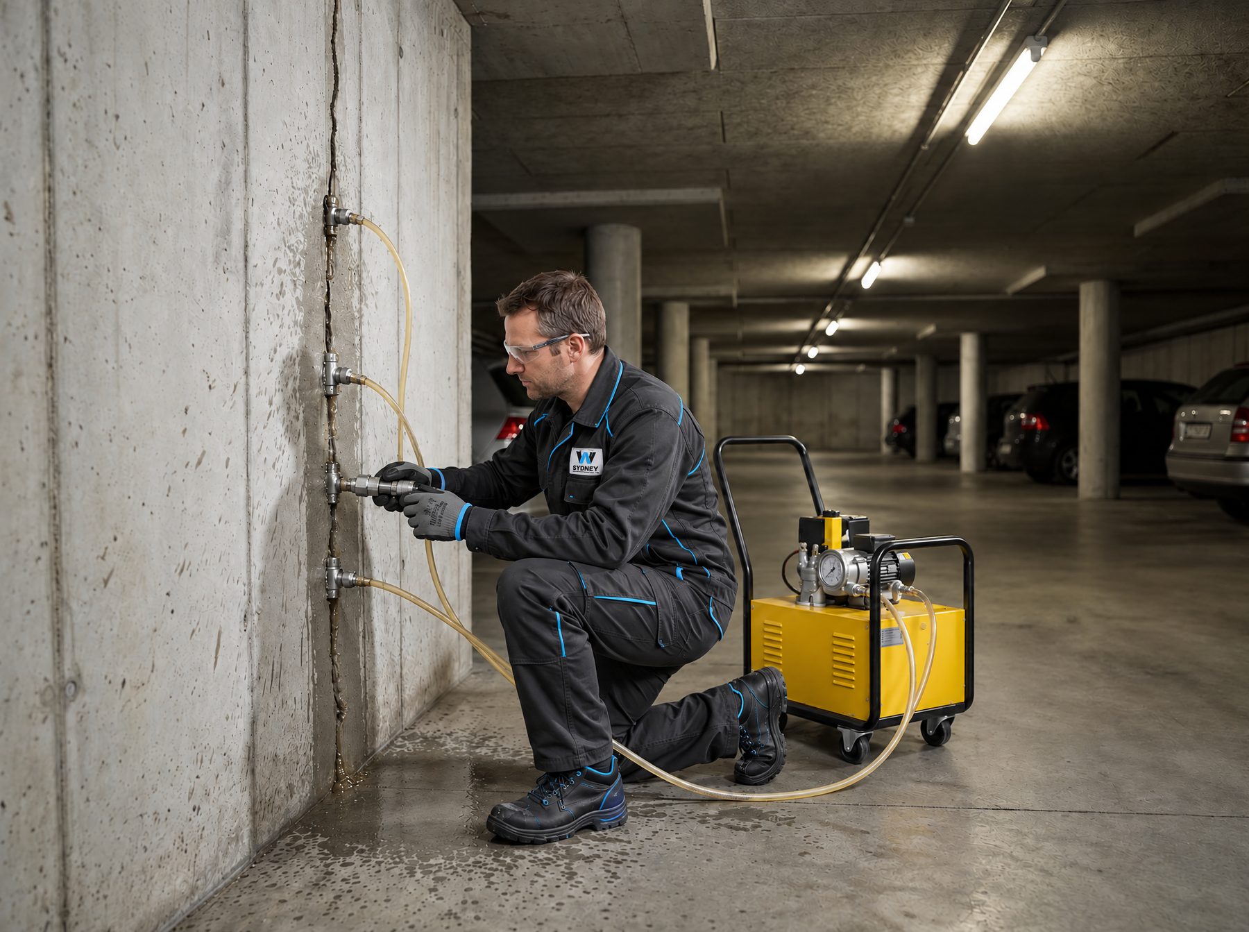 Technician injecting resin into a cracked basement wall