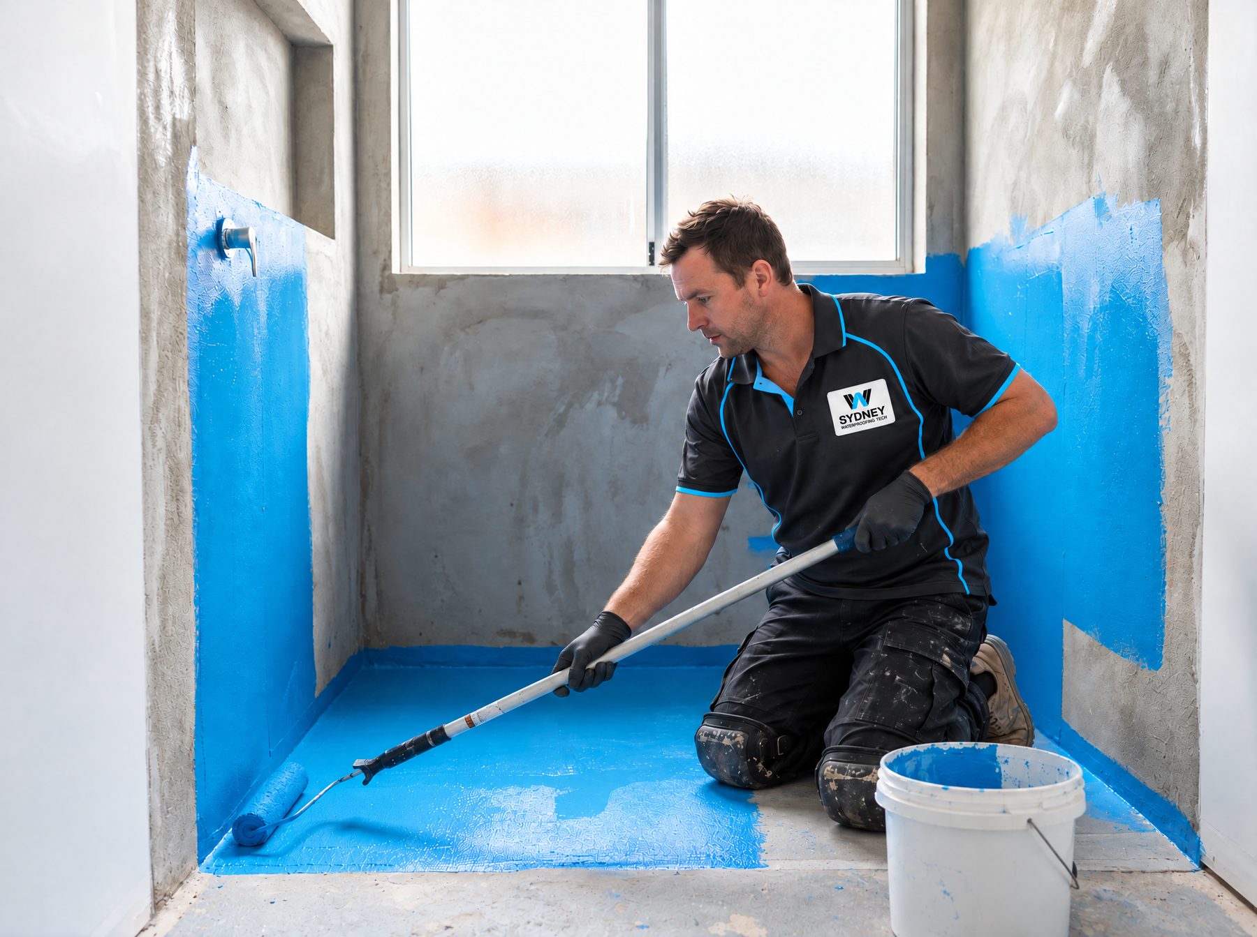 Technician rolling blue waterproof membrane in a bathroom