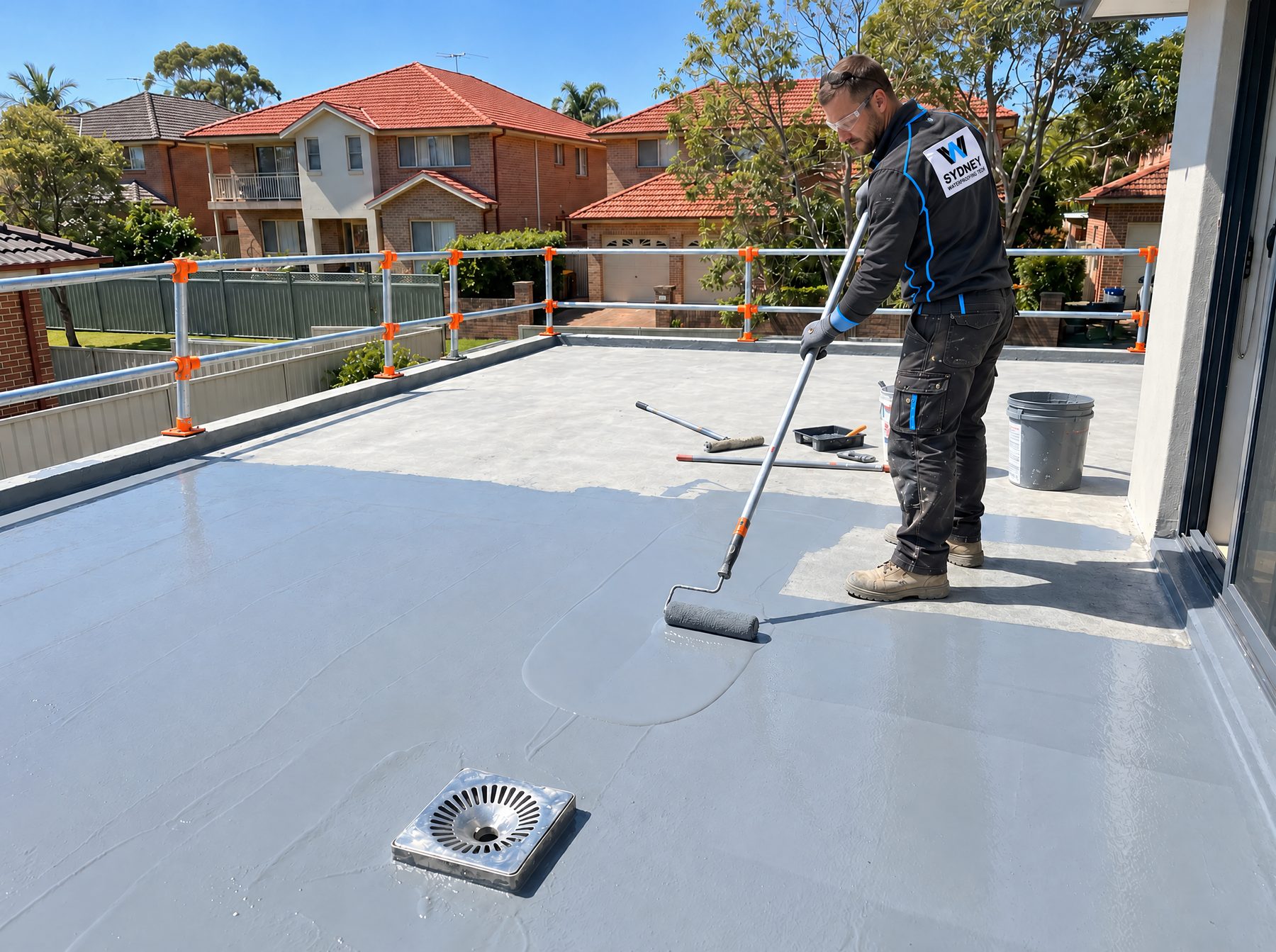 Waterproofer applying grey membrane to a suburban balcony