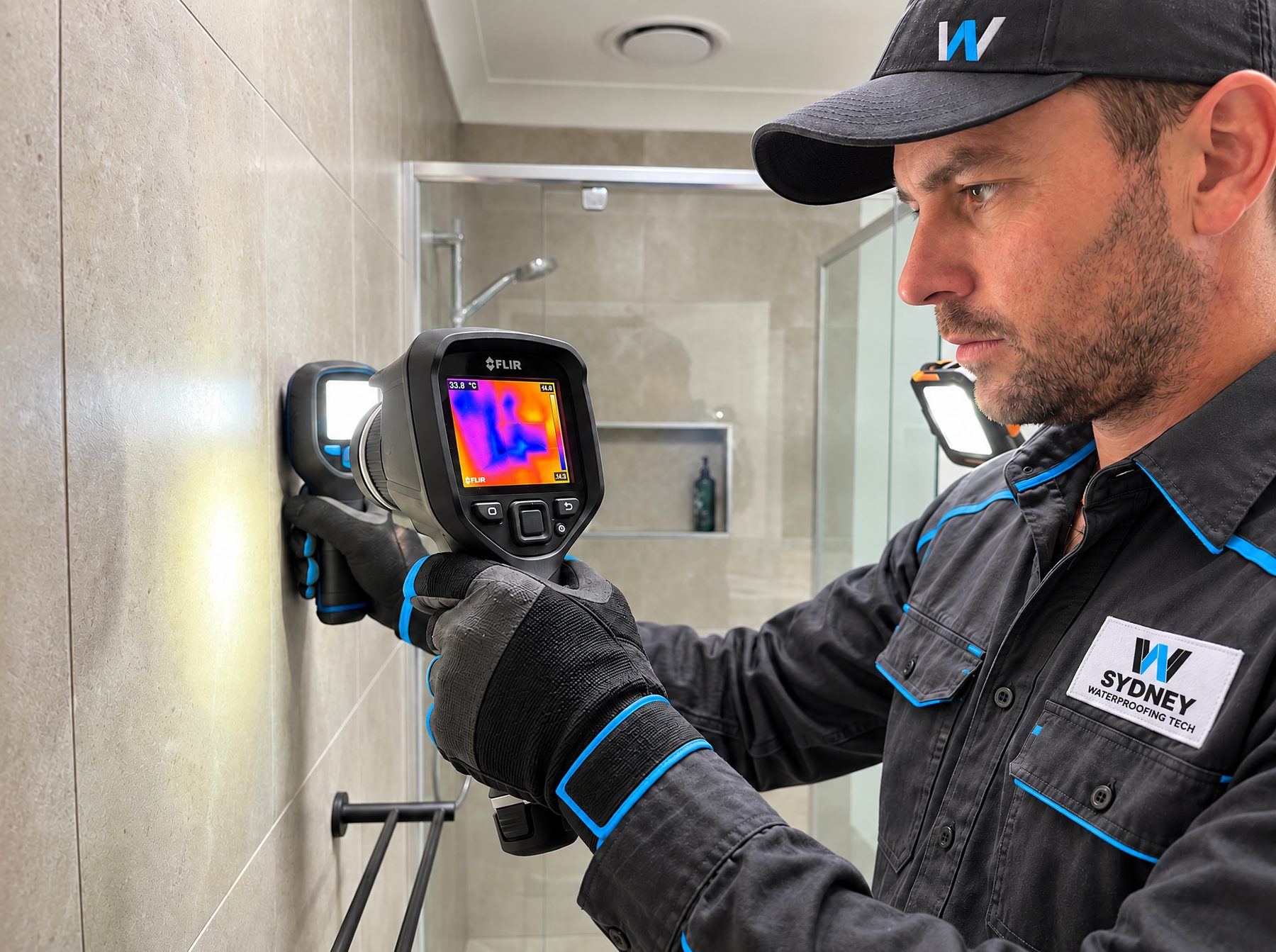 Technician scanning a tiled wall with a thermal imaging camera