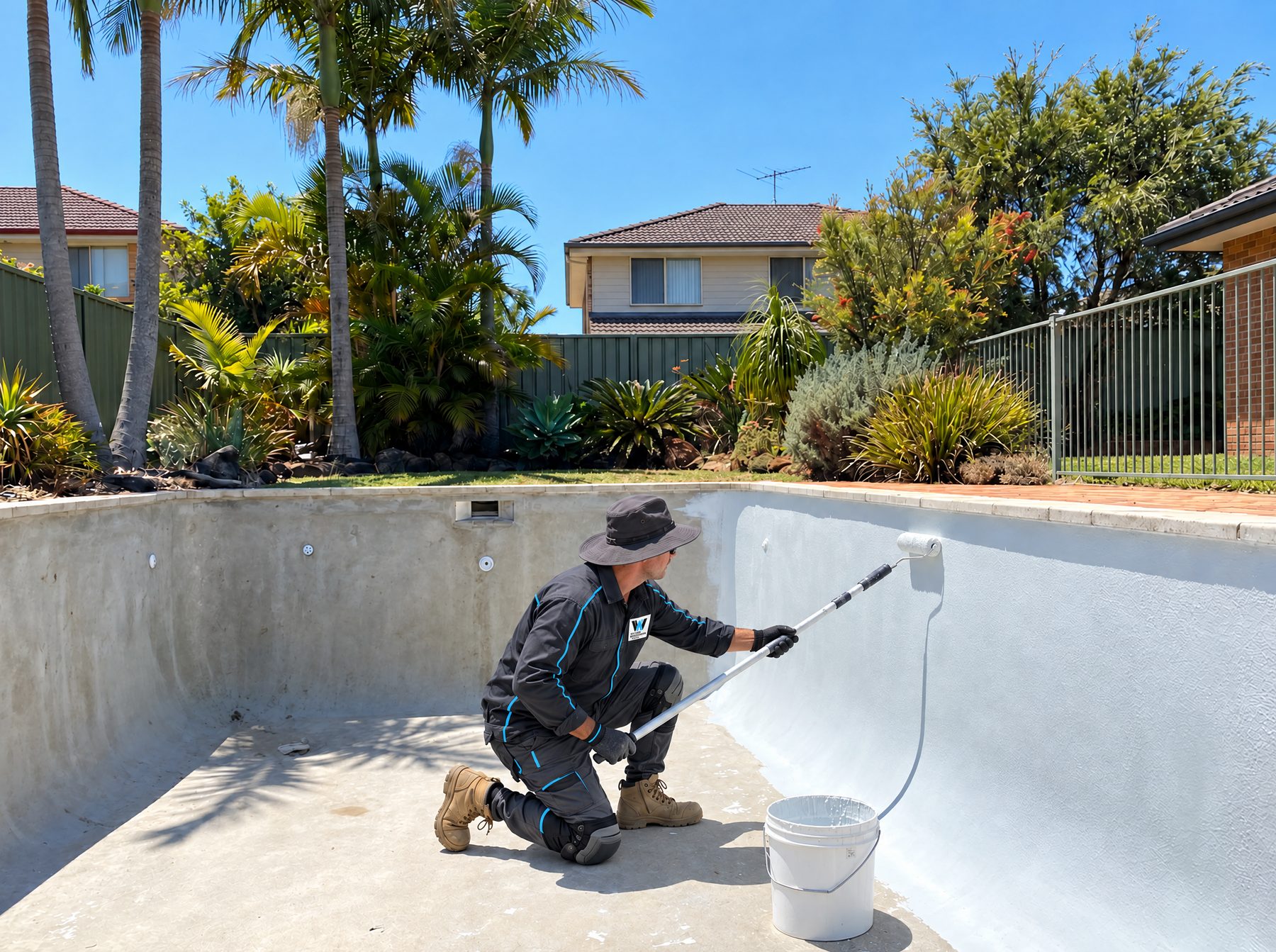 Waterproofer rolling membrane inside an empty backyard pool