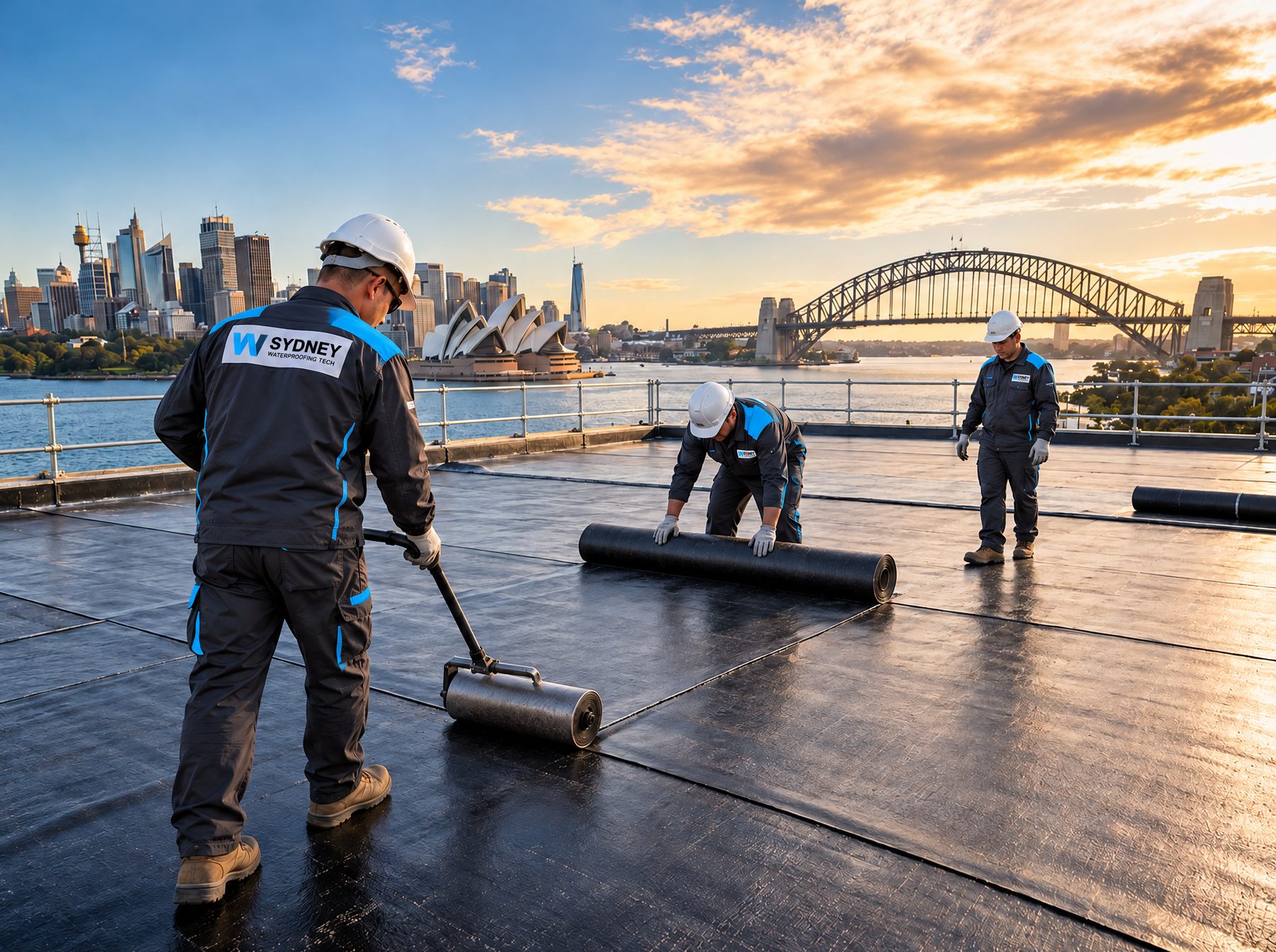 Sydney Waterproofing Tech crew installing a rooftop membrane above Sydney Harbour